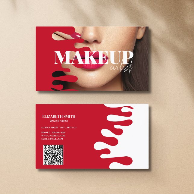 Makeup Artist Foto QR Code rote Visitenkarte (Von Creator hochgeladen)