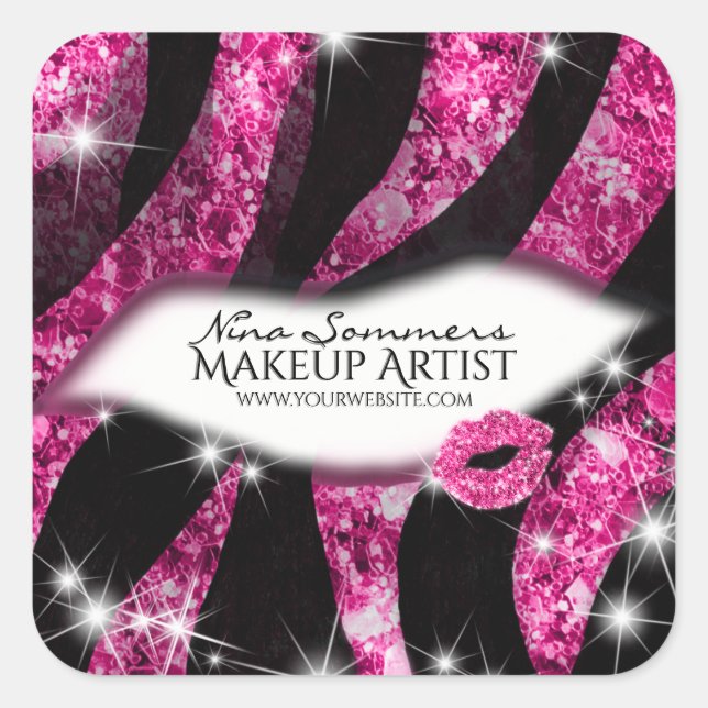 Makeup Artist Glam Pink Glitzer Lips Zebra Print Quadratischer Aufkleber (Vorderseite)