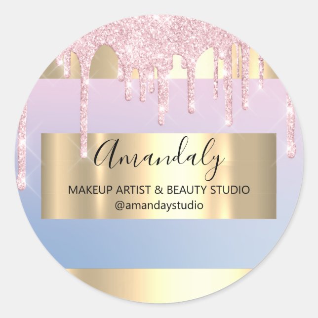 Makeup Artist Glitzer Tropfen Gold Rahmen Blau Ros Runder Aufkleber (Vorderseite)