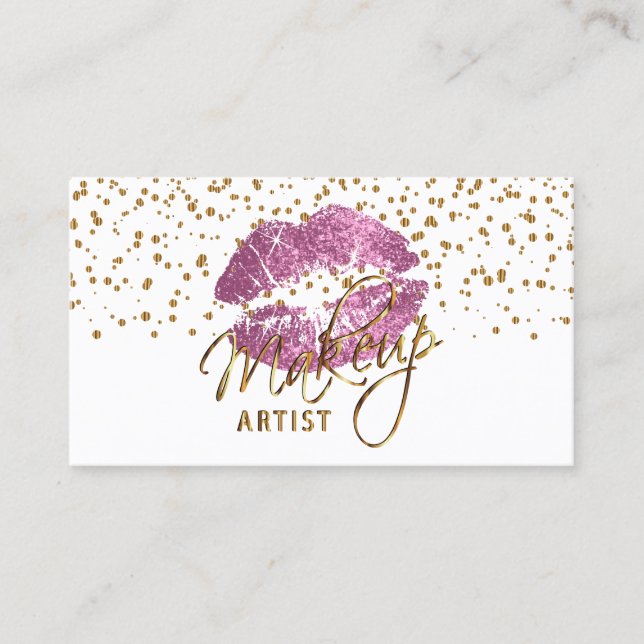 Makeup Artist Gold Confetti Dots & So Pink Lippen Visitenkarte (Vorderseite)