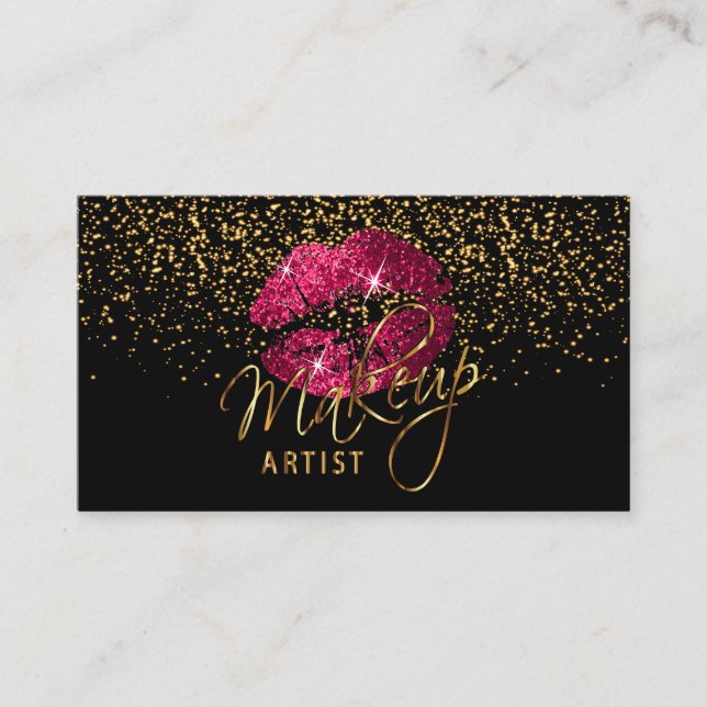 Makeup Artist - Gold Confetti & Hot Pink 💋 Lippen Visitenkarte (Vorderseite)