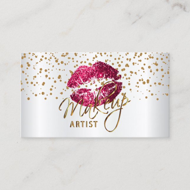 Makeup Artist Gold Confetti & Hot Pink Lips Satin Visitenkarte (Vorderseite)