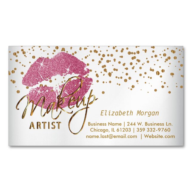 Makeup Artist - Gold Confetti & Hübsche Rosa Lippe Magnetische Visitenkarte (Vorderseite)