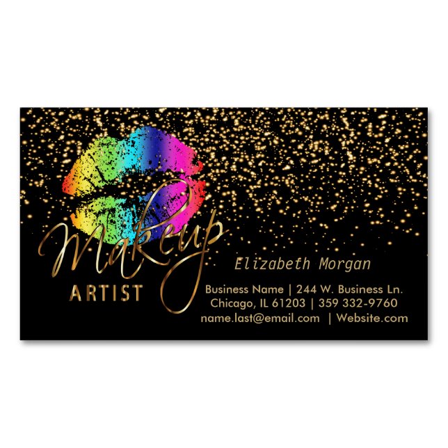 Makeup Artist - Gold Confetti & Rainbow Lippen Magnetische Visitenkarte (Vorderseite)