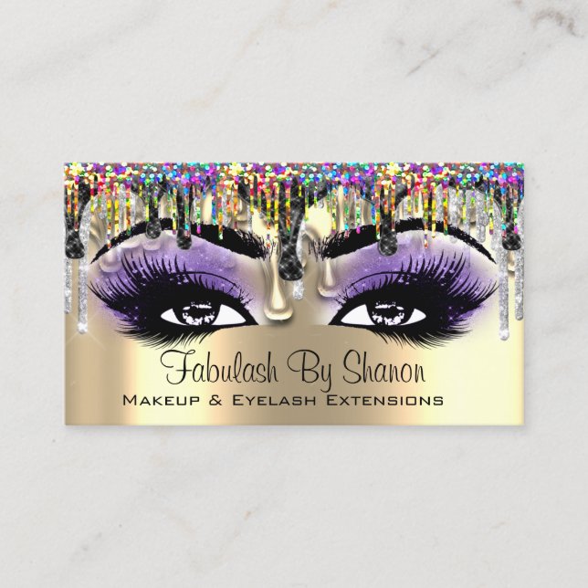 Makeup Artist Gold Lila Lashes Holograph Tropfen Visitenkarte (Vorderseite)