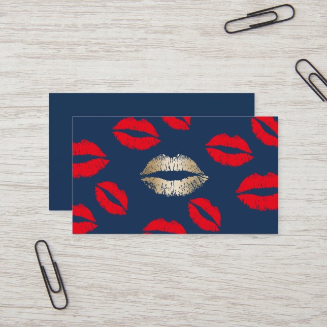 Makeup Artist Gold Lips Navy Blue Beauty Salon Visitenkarte (Vorderseite/Rückseite Beispiel)