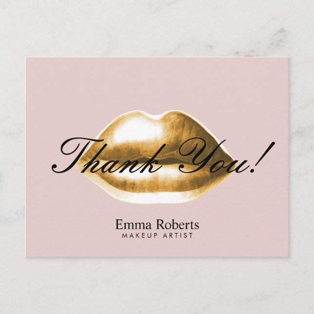 Makeup Artist Gold Lips Rosa Salon Danke Postkarte (Vorderseite)