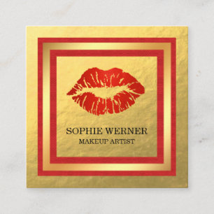 Makeup Artist Gold Rote Lippen Pinsel Quadratische Visitenkarte