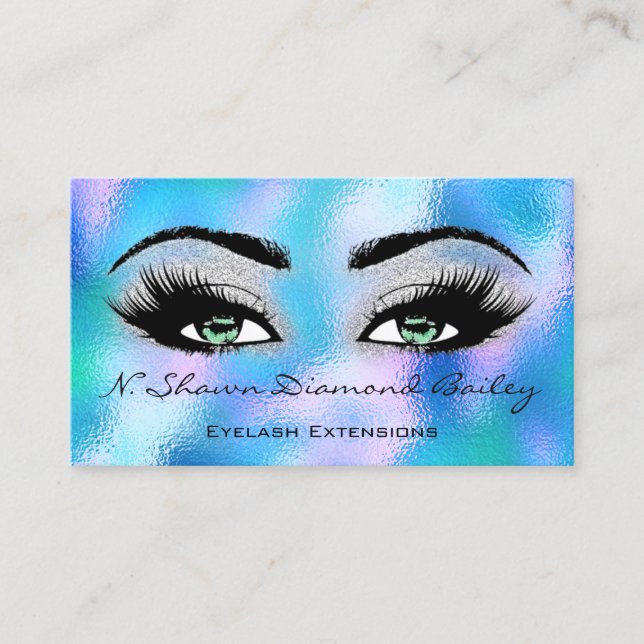 Makeup Artist Green Eyelash Blue Holographic GLASS Visitenkarte (Vorderseite)