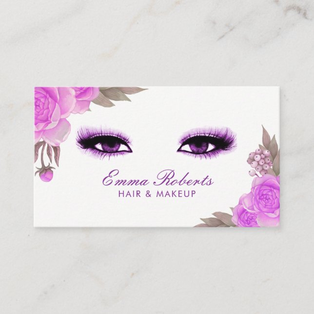Makeup Artist Haar Stylist Elegante Lila Blumen Visitenkarte (Vorderseite)