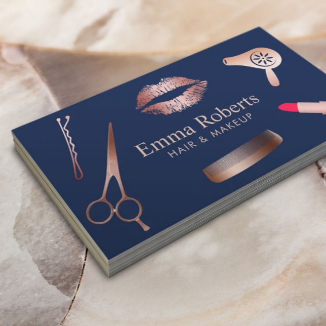 Makeup Artist Hair Salon Chic Rose Gold Navy Blue Visitenkarte (Von Creator hochgeladen)