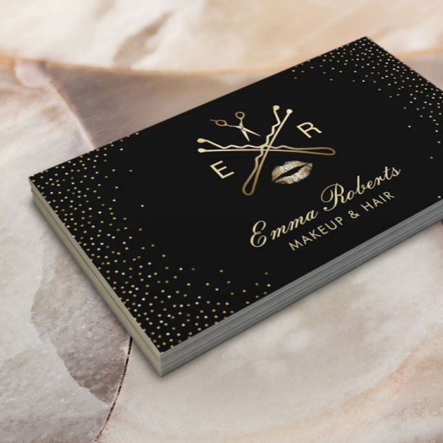 Makeup Artist Hair Salon Modern Black & Gold Visitenkarte (Von Creator hochgeladen)