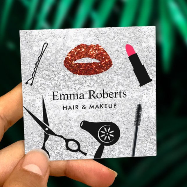 Makeup Artist Hair Salon Moderner Silberner Glitze Quadratische Visitenkarte (Von Creator hochgeladen)