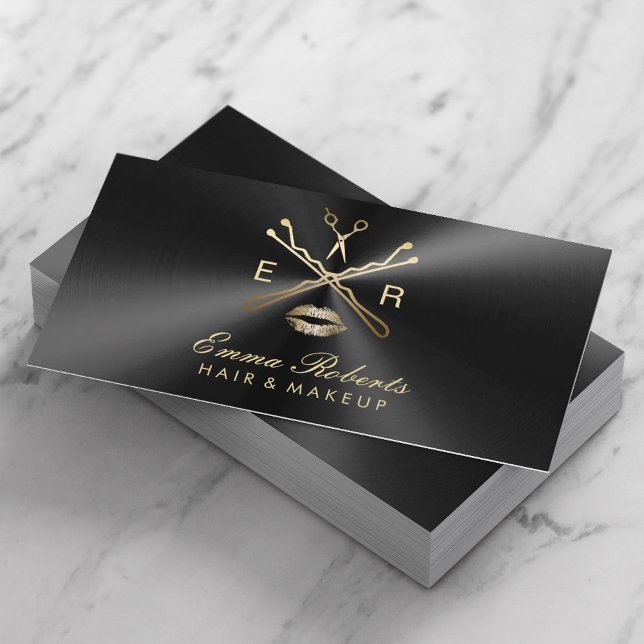 Makeup Artist Hair Stylist Black & Gold Metallic Visitenkarte (Von Creator hochgeladen)