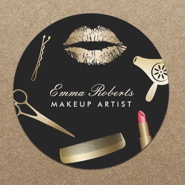 Makeup Artist Hair Stylist Black & Gold Salon Runder Aufkleber (Von Creator hochgeladen)