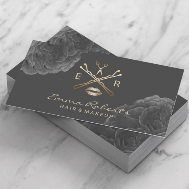 Makeup Artist Hair Stylist Dark Floral Gold Logo Visitenkarte (Von Creator hochgeladen)