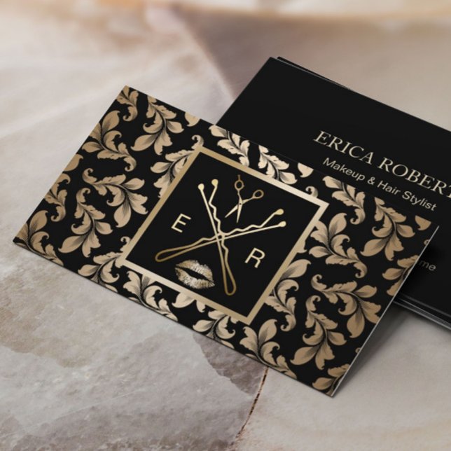 Makeup Artist Hair Stylist Luxury Gold Damask Visitenkarte (Von Creator hochgeladen)
