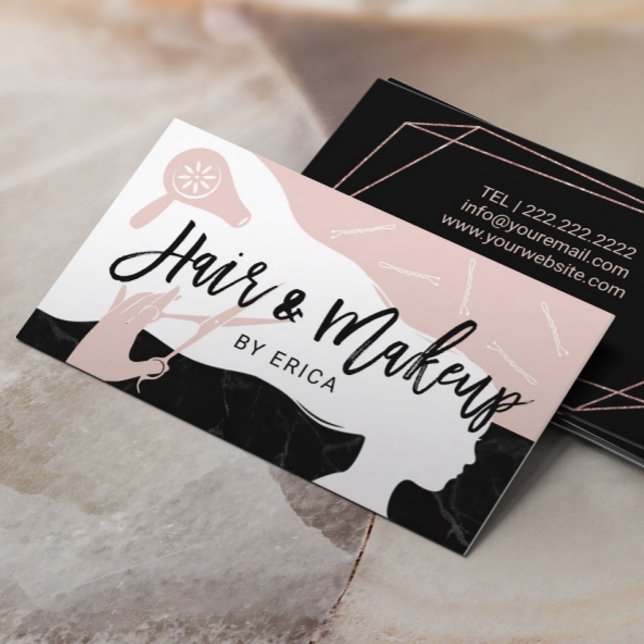 Makeup Artist Hair Stylist Pink Black Marble Salon Visitenkarte (Von Creator hochgeladen)