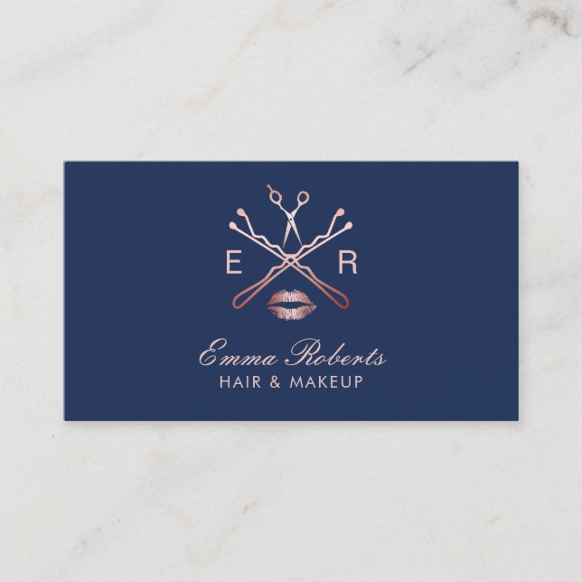 Makeup Artist Hair Stylist Rose Gold Navy Blue Visitenkarte (Vorderseite)