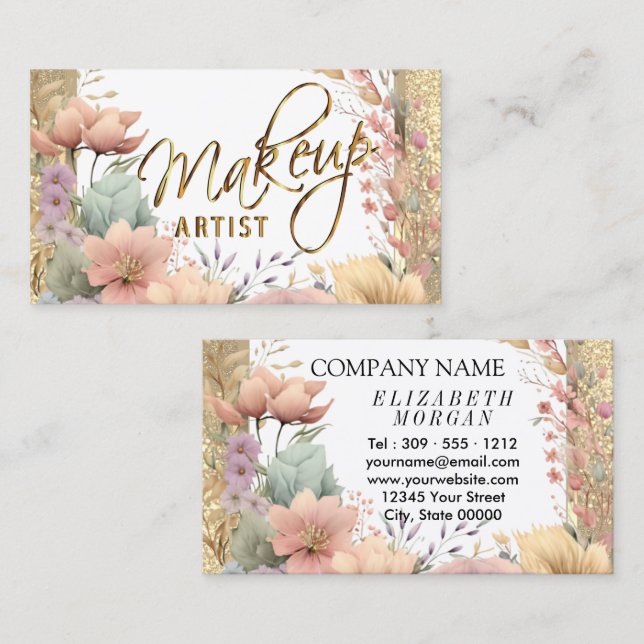 Makeup Artist in Floral und Gold Glitzer Visitenkarte (Vorne/Hinten)