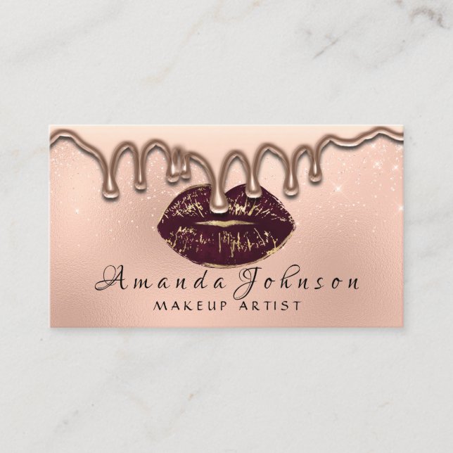 Makeup Artist Kiss Lips Glitzer Rose Gold Tropfen Visitenkarte (Vorderseite)