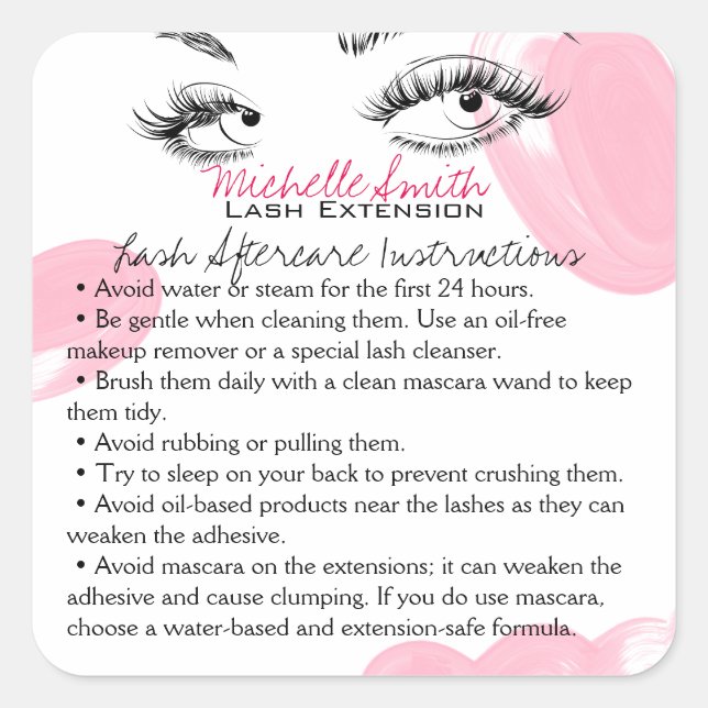 Makeup Artist Lashes Brows Aftercare Instructions Quadratischer Aufkleber (Vorderseite)