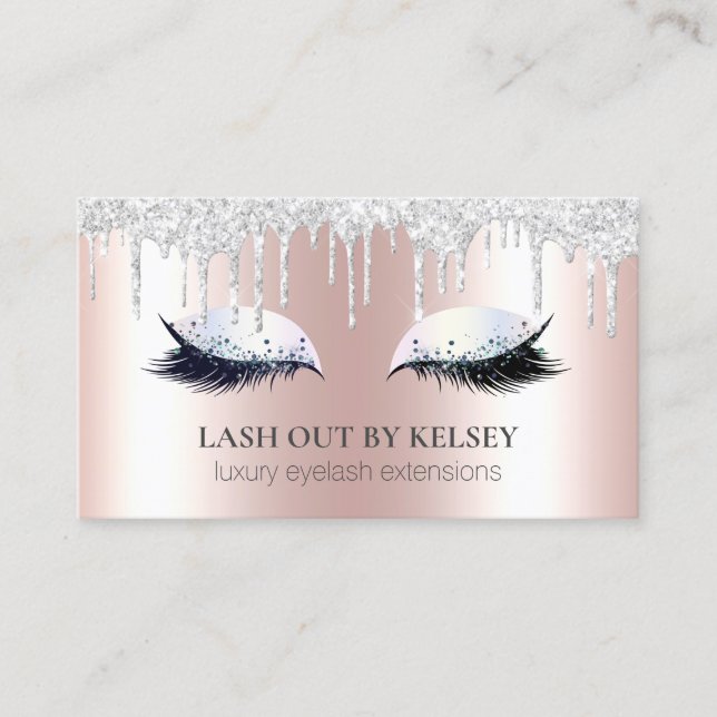 Makeup Artist Lashes Pink + Platinum Glitzer Tropf Visitenkarte (Vorderseite)