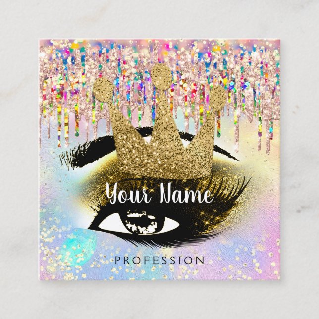 Makeup Artist Lashes Studio Gold Holograph Crown Quadratische Visitenkarte (Vorderseite)