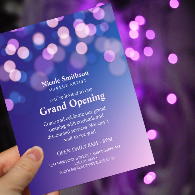 Makeup Artist Lila Glitzern Glam Grand Opening Flyer (Attract customers to your grand opening with this professionally designed flyer! Perfect for #salons)