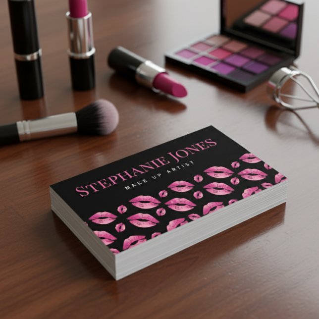 Makeup Artist Lips Pattern Cute Pink & Black Visitenkarte (Makeup Artist Lips Pattern Cute Pink & Black Business Card
)