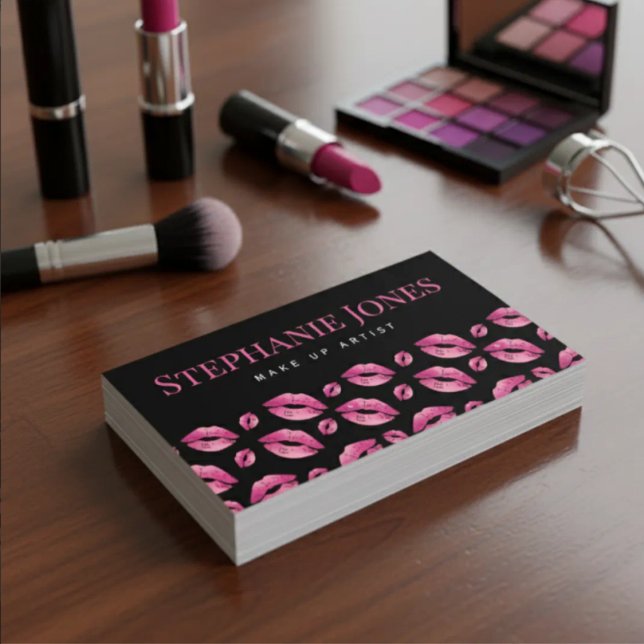 Makeup Artist Lips Pattern Cute Pink & Black Visitenkarte (Von Creator hochgeladen)