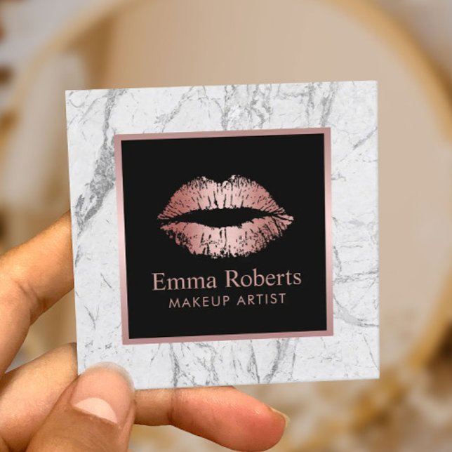 Makeup Artist Lips Rose Gold Glitzer Weißer Marmor Quadratische Visitenkarte (Von Creator hochgeladen)