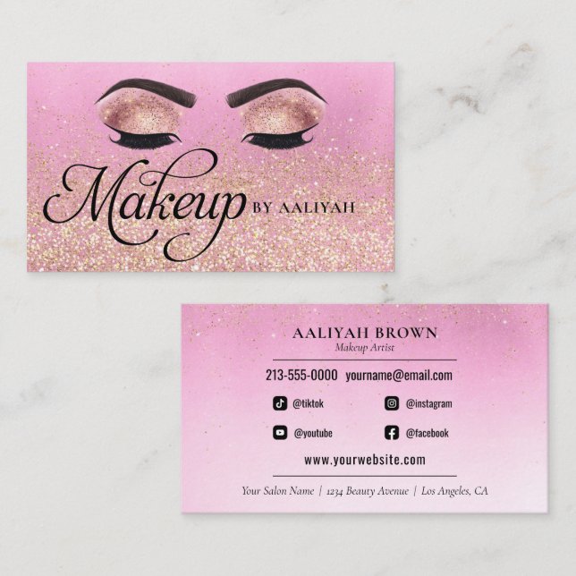 Makeup Artist Luxury Pink Glam Gold MUA Salon Visitenkarte (Vorne/Hinten)