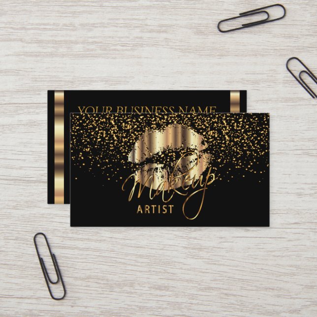 Makeup Artist mit Gold Confetti & Gold Metal Lippe Visitenkarte (Vorderseite/Rückseite Beispiel)