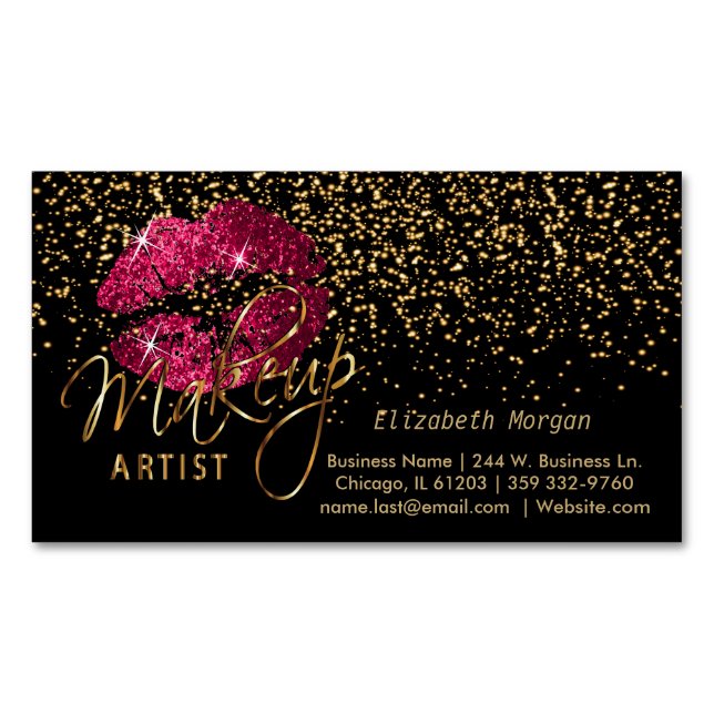 Makeup Artist mit Gold Confetti & Hot Pink Lippen Magnetische Visitenkarte (Vorderseite)