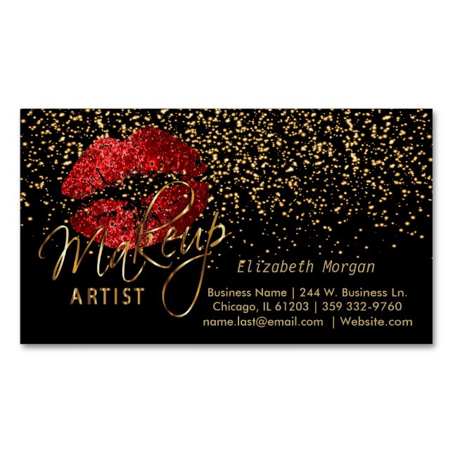 Makeup Artist mit Gold Confetti & Rote Lippen Magnetische Visitenkarte (Vorderseite)