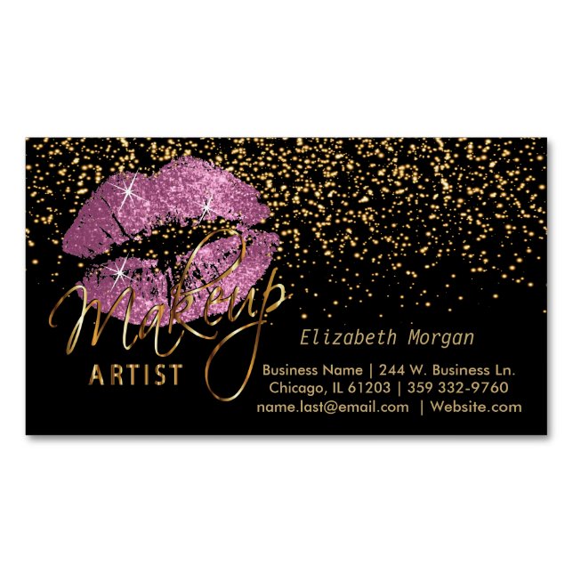 Makeup Artist mit Gold Confetti & So Pink Lippen Magnetische Visitenkarte (Vorderseite)