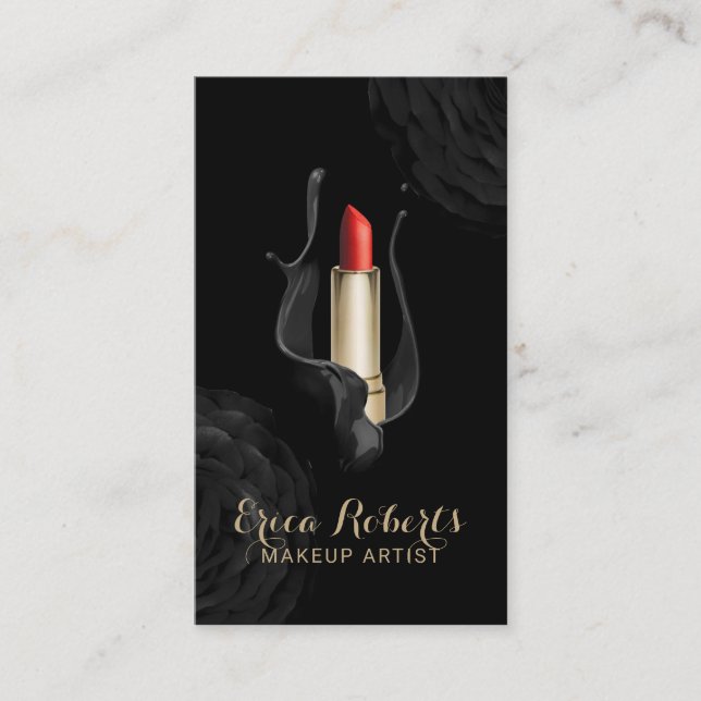 Makeup Artist Modern Black Floral Red Lipstick Visitenkarte (Vorderseite)