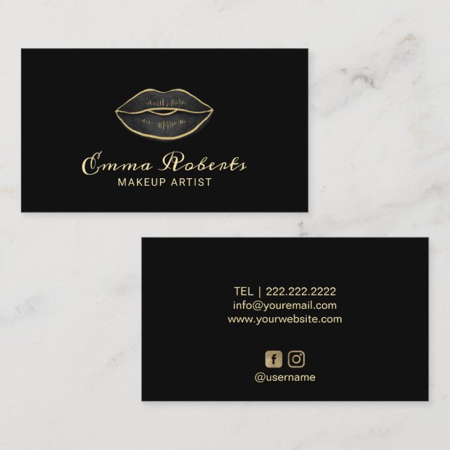 Makeup Artist Modern Black & Gold Lippen Visitenkarte (Vorne/Hinten)