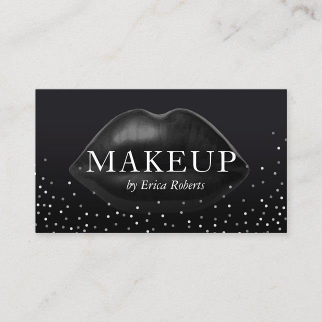 Makeup Artist Modern Black Lips Silver Confetti Visitenkarte (Vorderseite)
