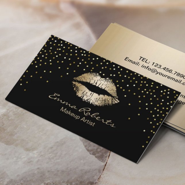 Makeup Artist Modern Confetti Dots Gold Kiss Visitenkarte (Von Creator hochgeladen)