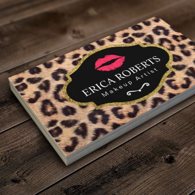 Makeup Artist Modern Red Lips Leopard Print Salon Visitenkarte (Von Creator hochgeladen)