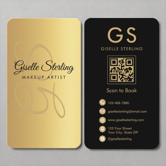 Makeup Artist Monogram Gold QR Code Visitenkarte (Von Creator hochgeladen)