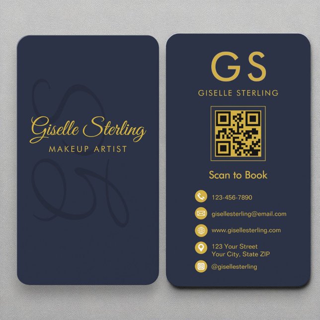 Makeup Artist Monogram Navy Blue Gold QR Code Visitenkarte (Von Creator hochgeladen)
