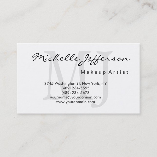 Makeup Artist Monogram Script White Business Card Visitenkarte (Vorderseite)