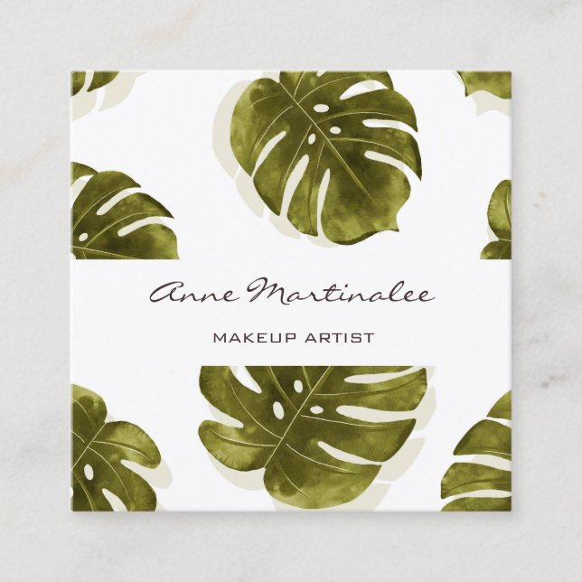 Makeup Artist Monstera Leaf Square Business Card Quadratische Visitenkarte (Vorderseite)