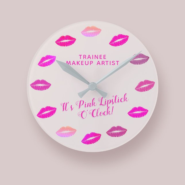 Makeup Artist MUA Pink Lipstick-Wall-Uhr Runde Wanduhr (It's always Pink Lipstick O'Clock!  Just add your Makeup Artist name or Business Name)