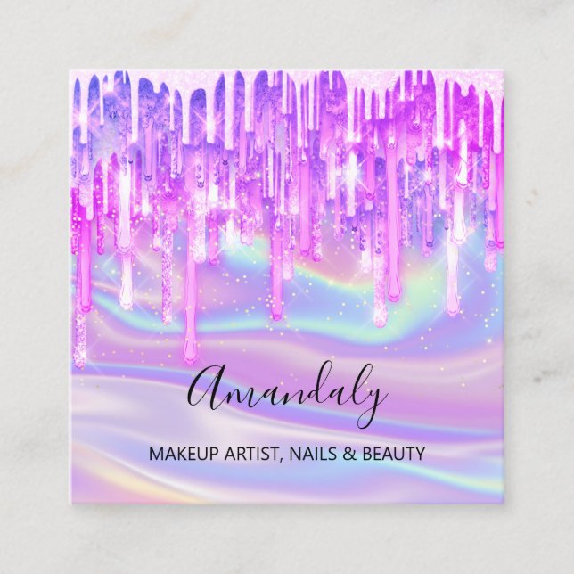 Makeup Artist Nail Logo Rosa Glitzer Holograph Blu Quadratische Visitenkarte (Vorderseite)