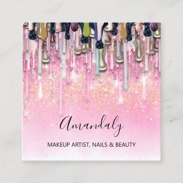 Makeup Artist Nails Logo Rose Glitzer Confetti Quadratische Visitenkarte (Vorderseite)