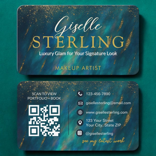 Makeup Artist Opal Green Glam Moderner QR-Code Visitenkarte (Von Creator hochgeladen)